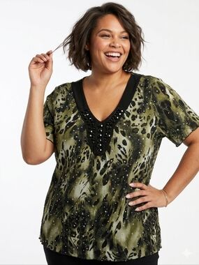 Essentials Plus Size Olive Animal Print V-Neck Blouse with Beaded Trim